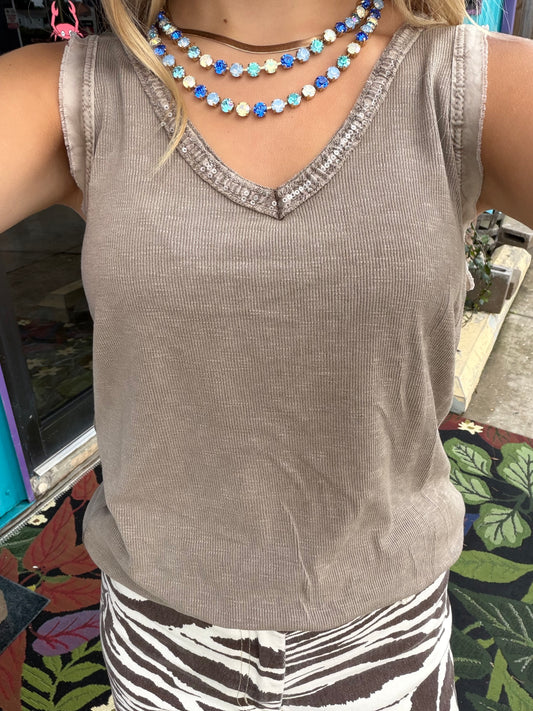 Sequin Tank Tops V-Neck