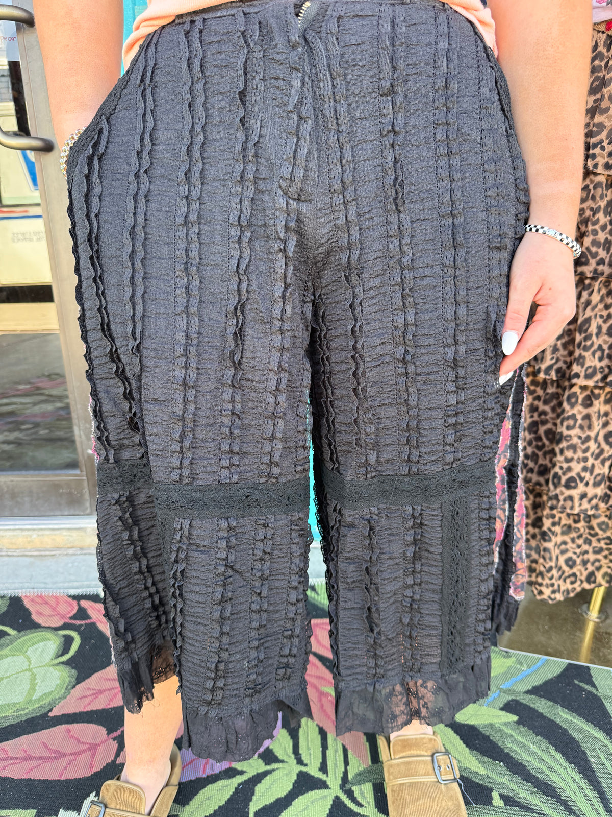 Lace Print Patch Eyelet Ruffle Wide Leg Pants