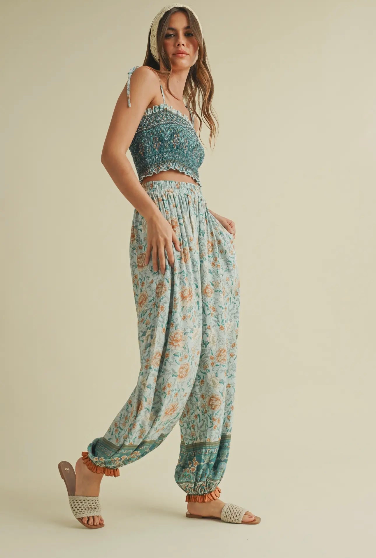 Turquoise and Orange Smocked Top and Floral Printed Pants