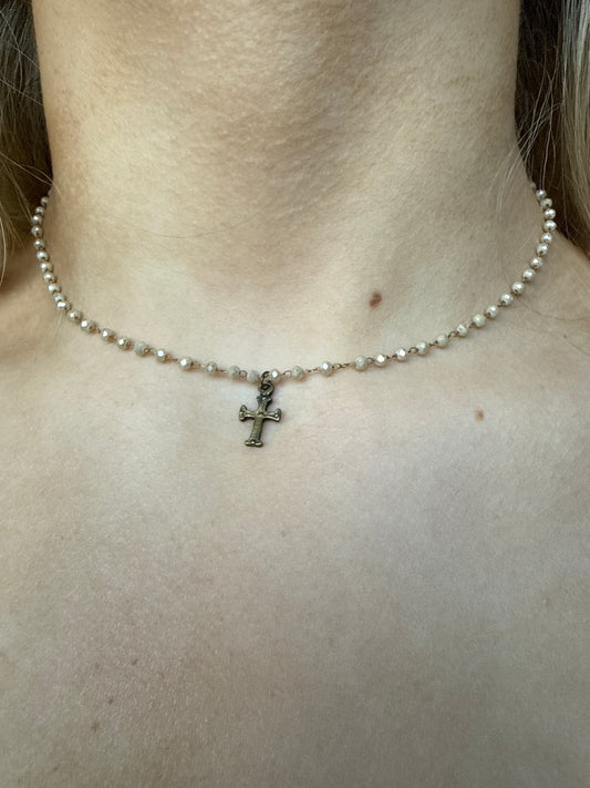 Mini Beaded Beige Cross Choker