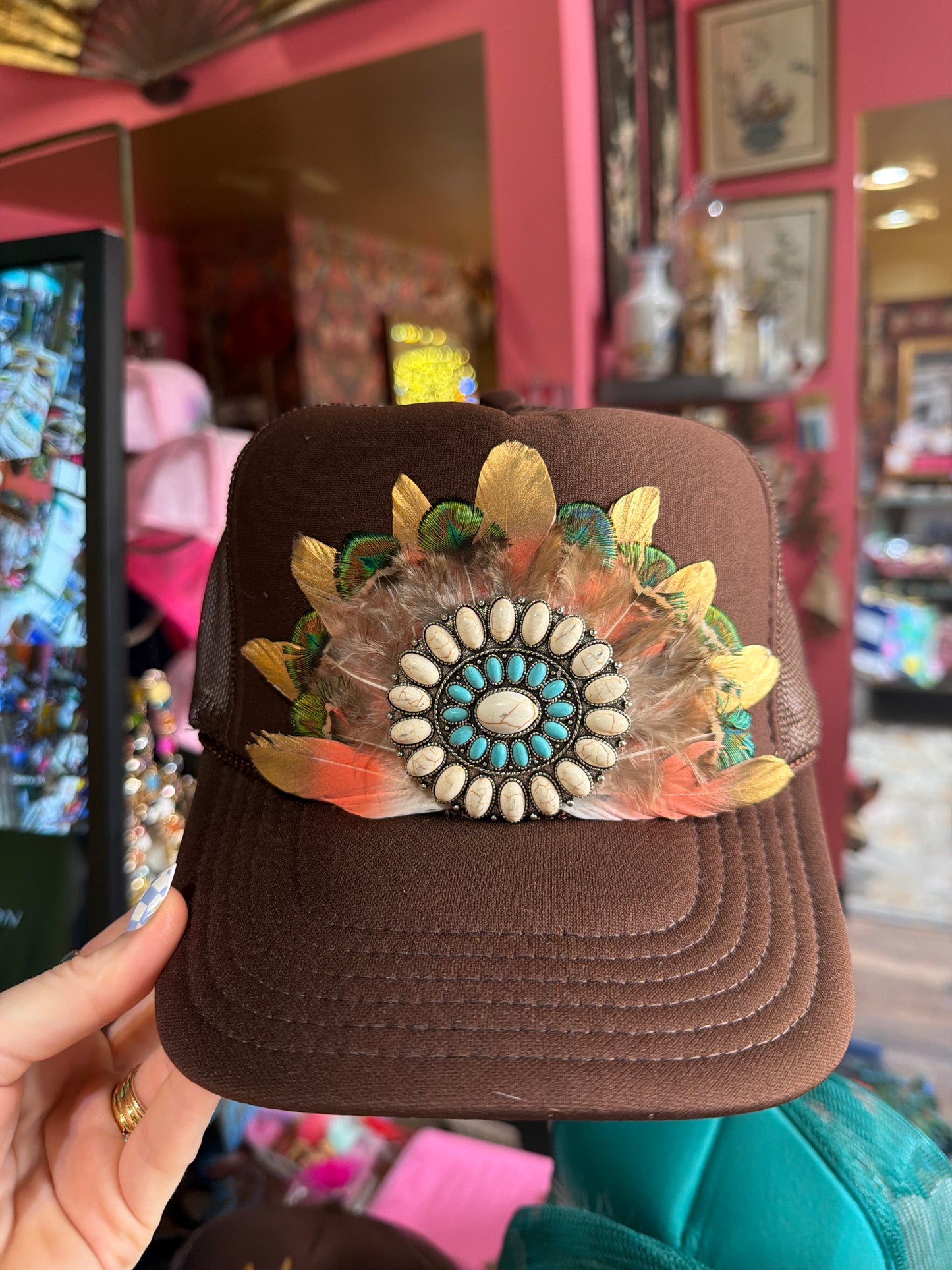 Feather Trucker Hat, Handmade, Unique, One of a Kind
