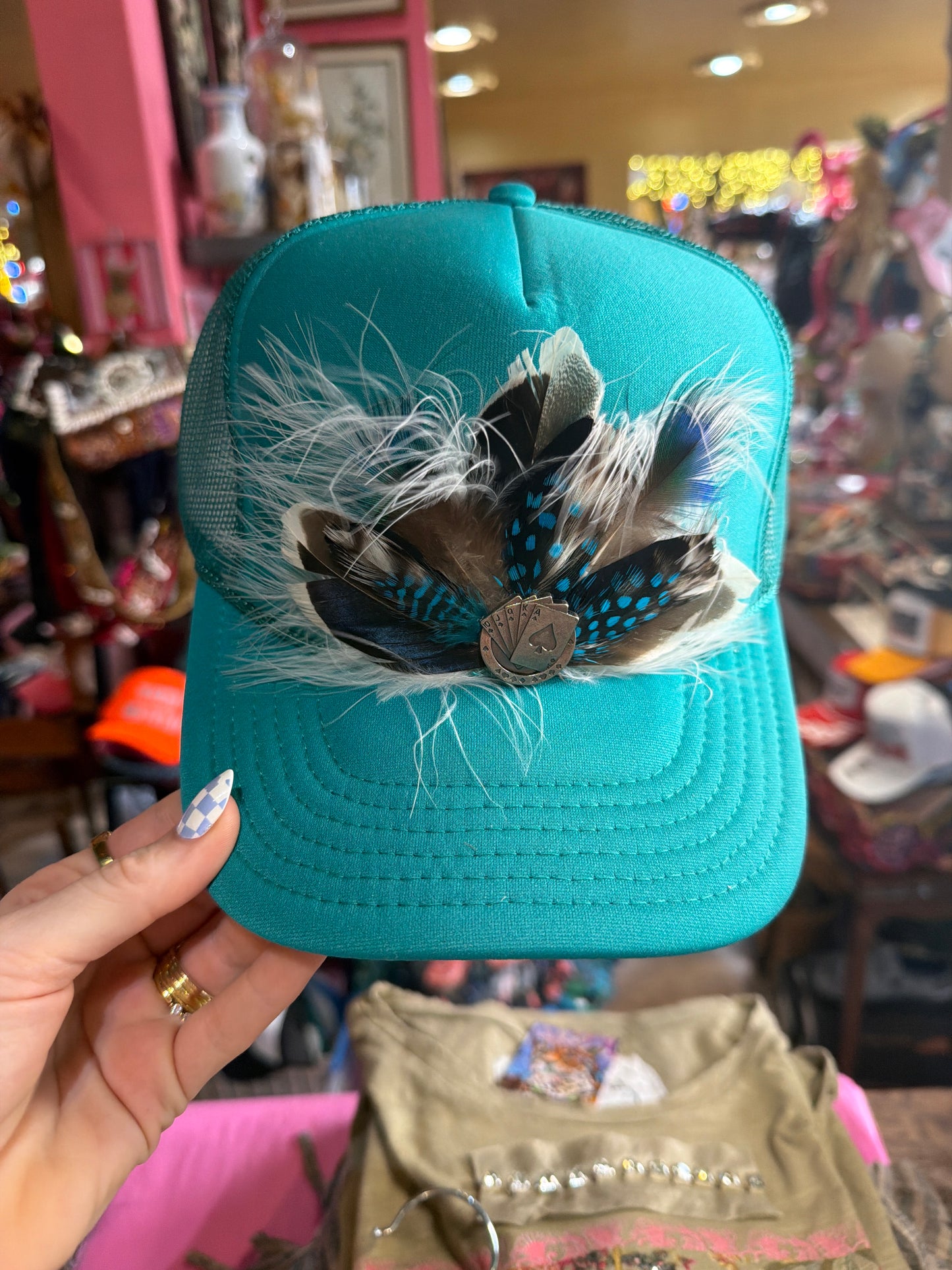 Feather Trucker Hat, Handmade, Unique, One of a Kind