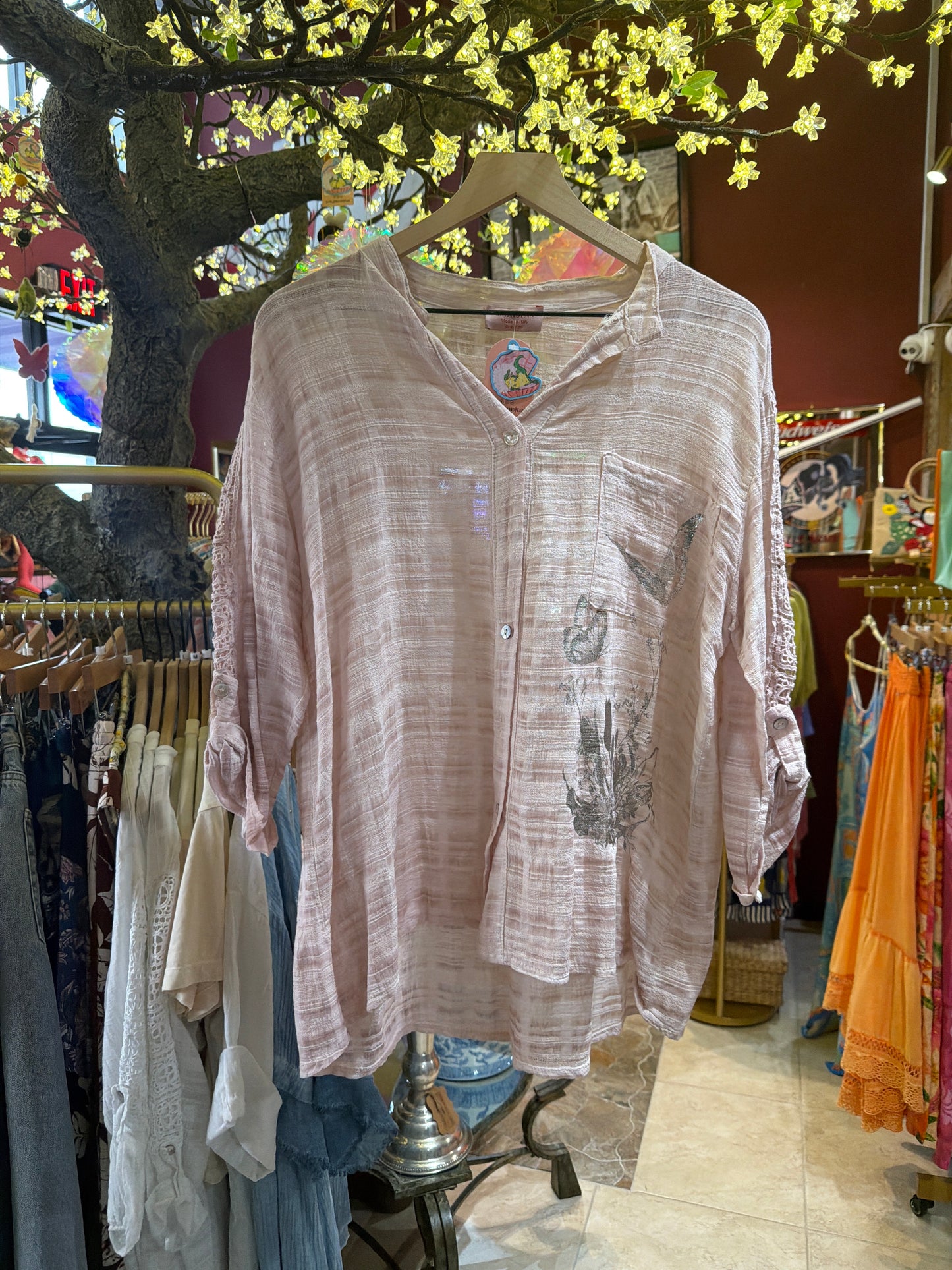 Blush pink button up with metallic butterfly and eyelet sleeves
