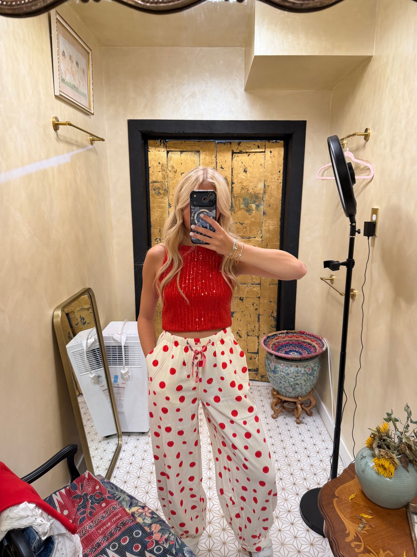 Retro Polka Dot Elastic Waist Wide-Leg Pants