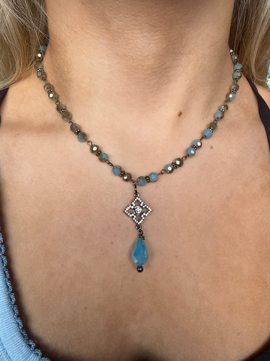 Blue Bead & Crystal Drop Necklace