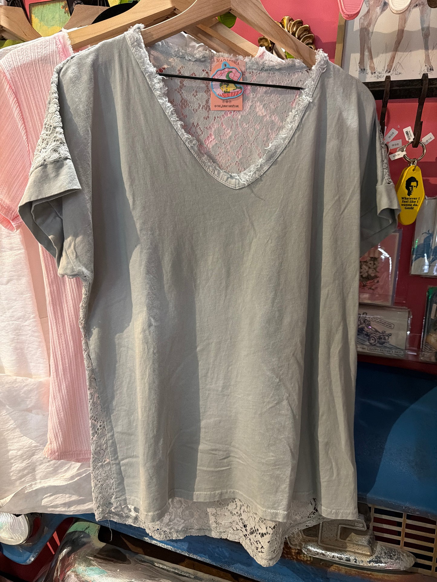 Grey Lace back V-Neck T-shirt