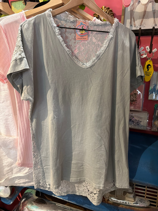 Grey Lace back V-Neck T-shirt