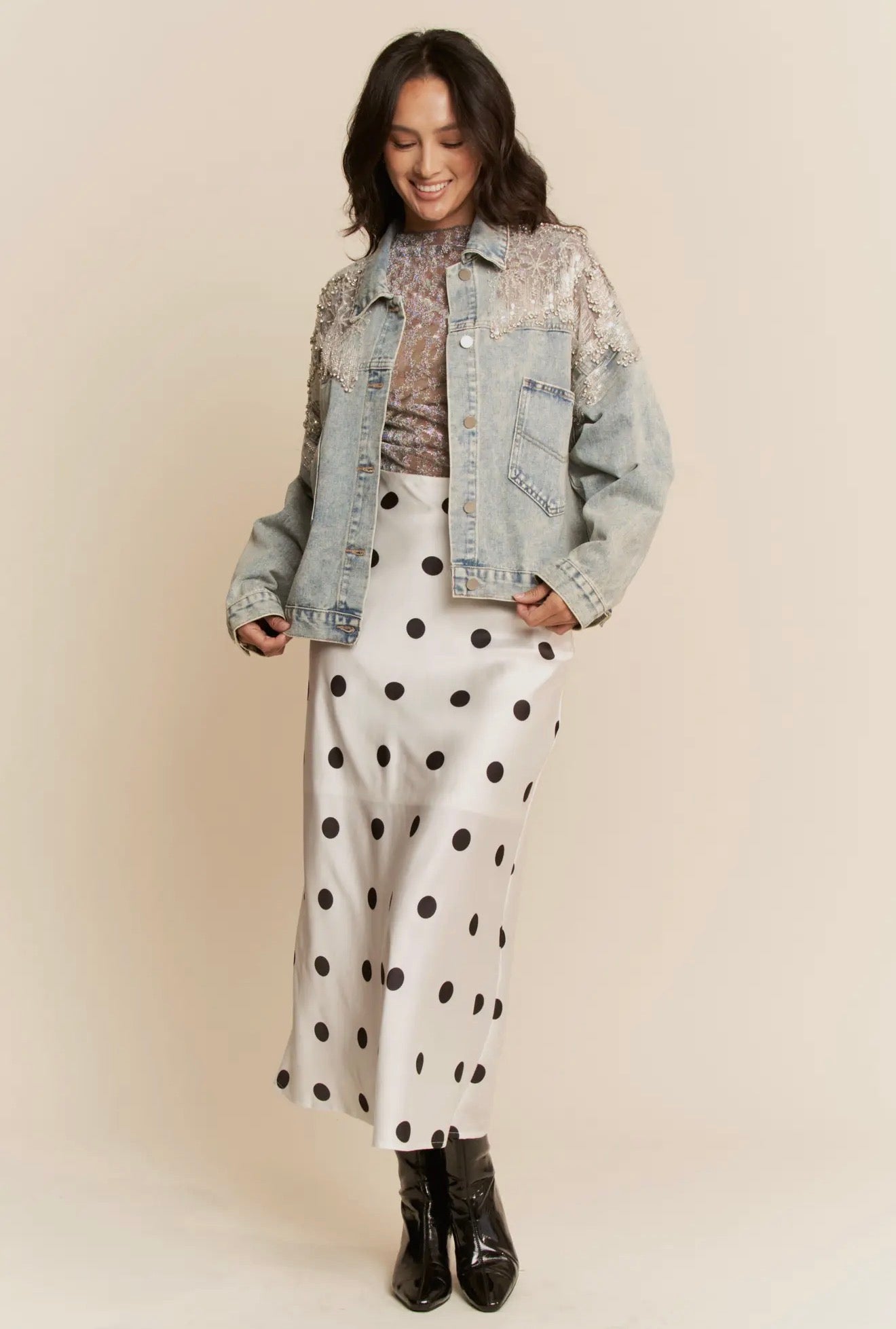 Lace Denim Jacket with Rhinestones and Sequins