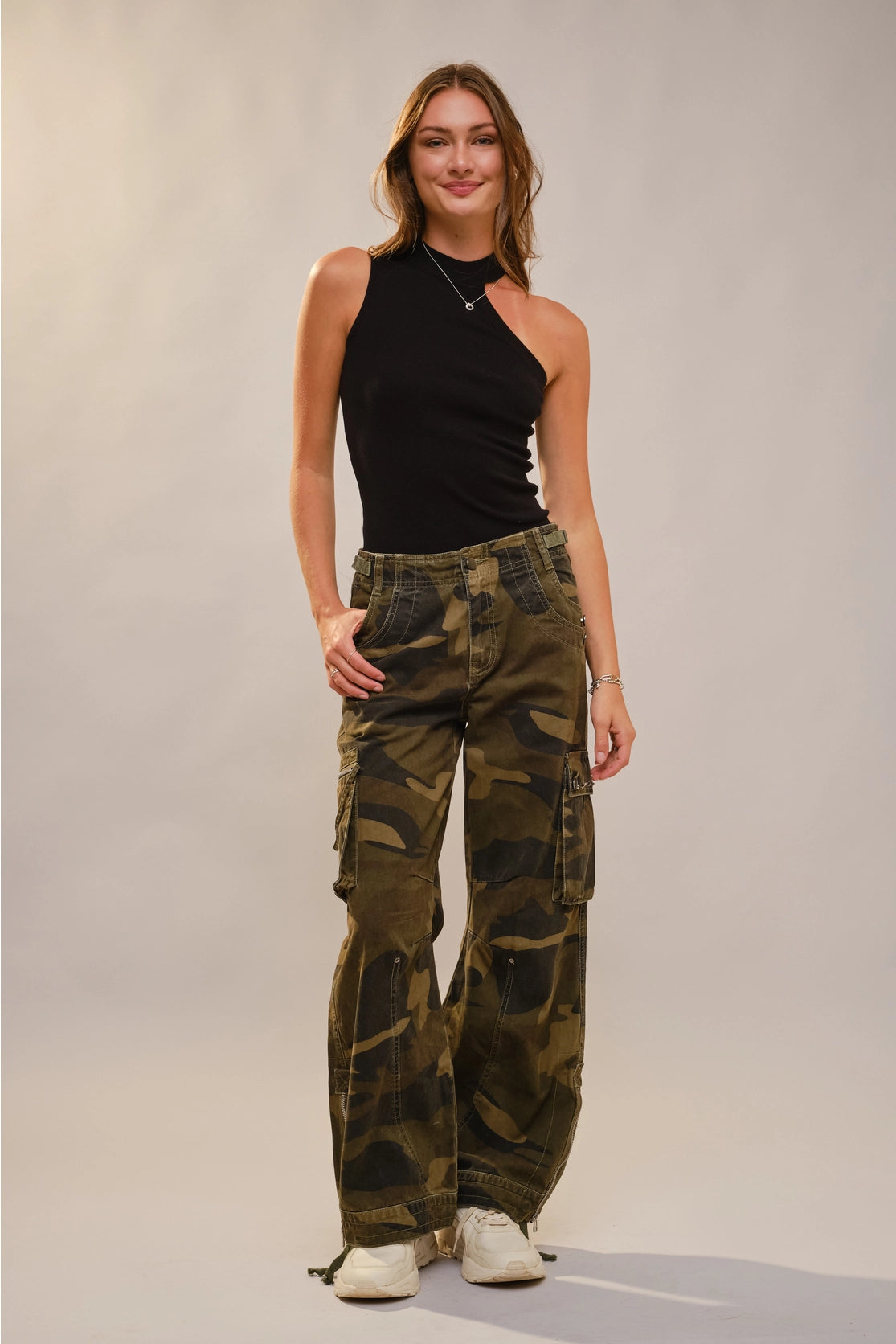 Camo Cargo Pants with Studs and Drawstring