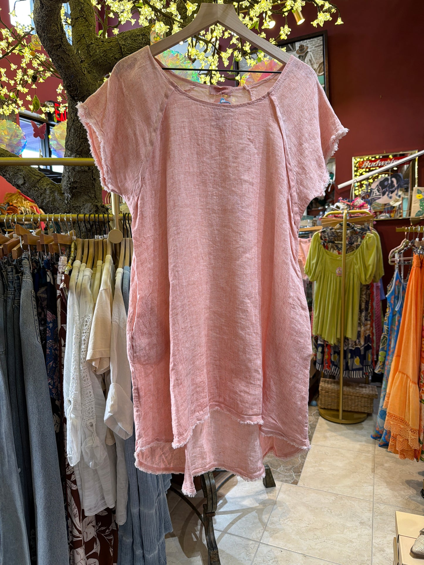 Peach Linen Capped Sleeve Dress