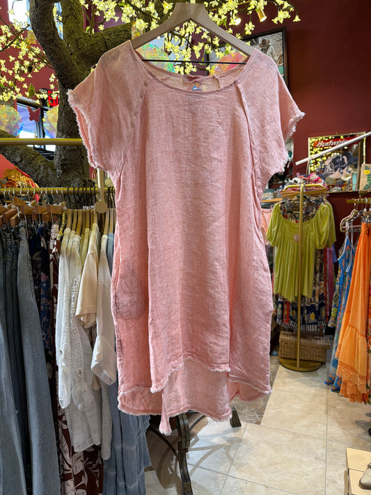 Peach Linen Capped Sleeve Dress