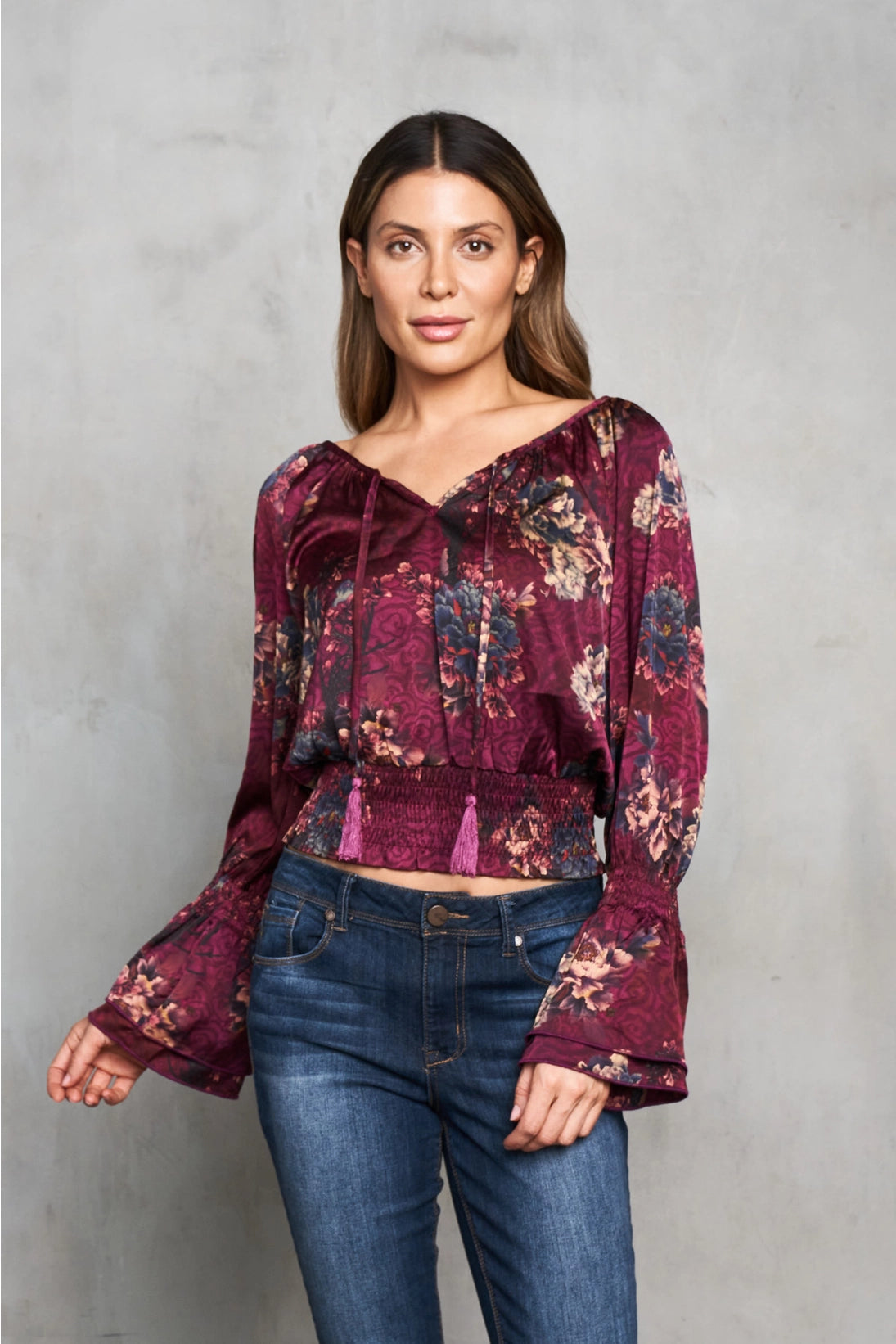 Satin Verona Print Peasant Top w/ Smocking