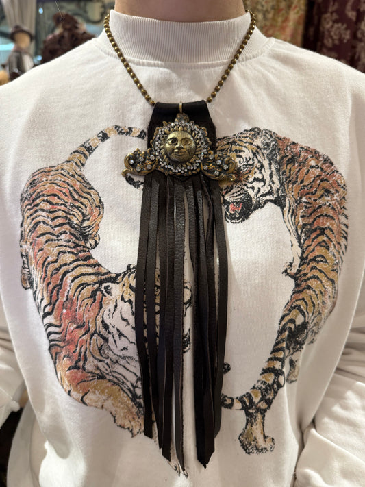 Vintage Crystal Leather Moon Necklace