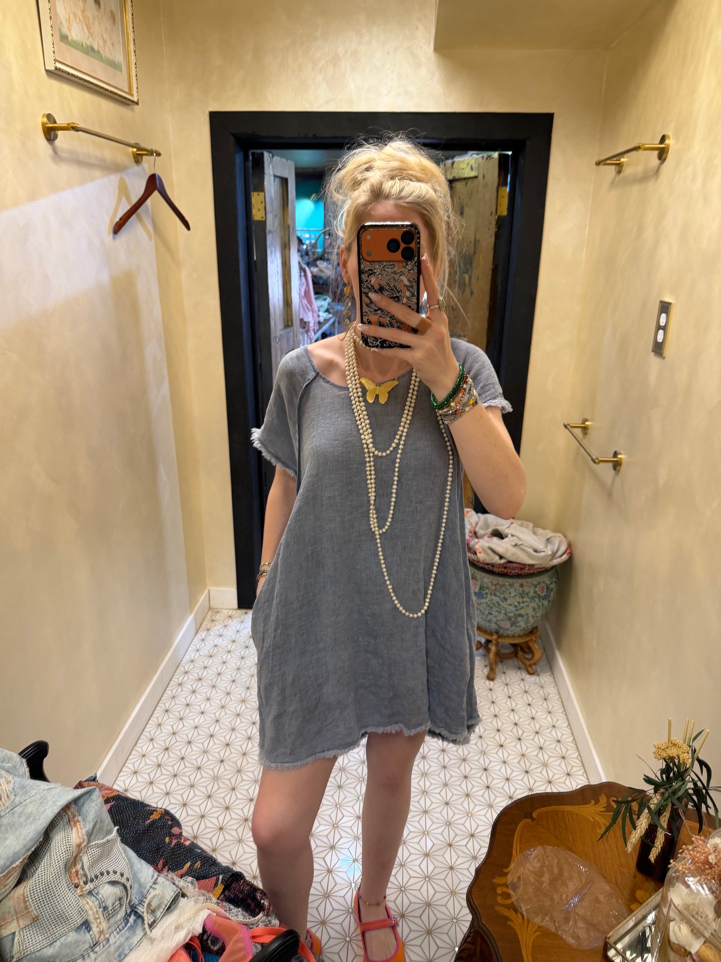 Slate Blue Linen Capped Sleeve Dress