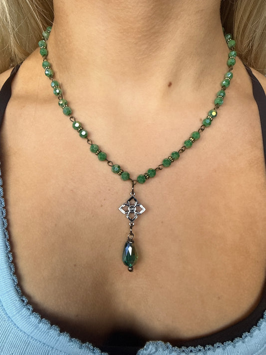 Green Bead & Crystal Drop Necklace