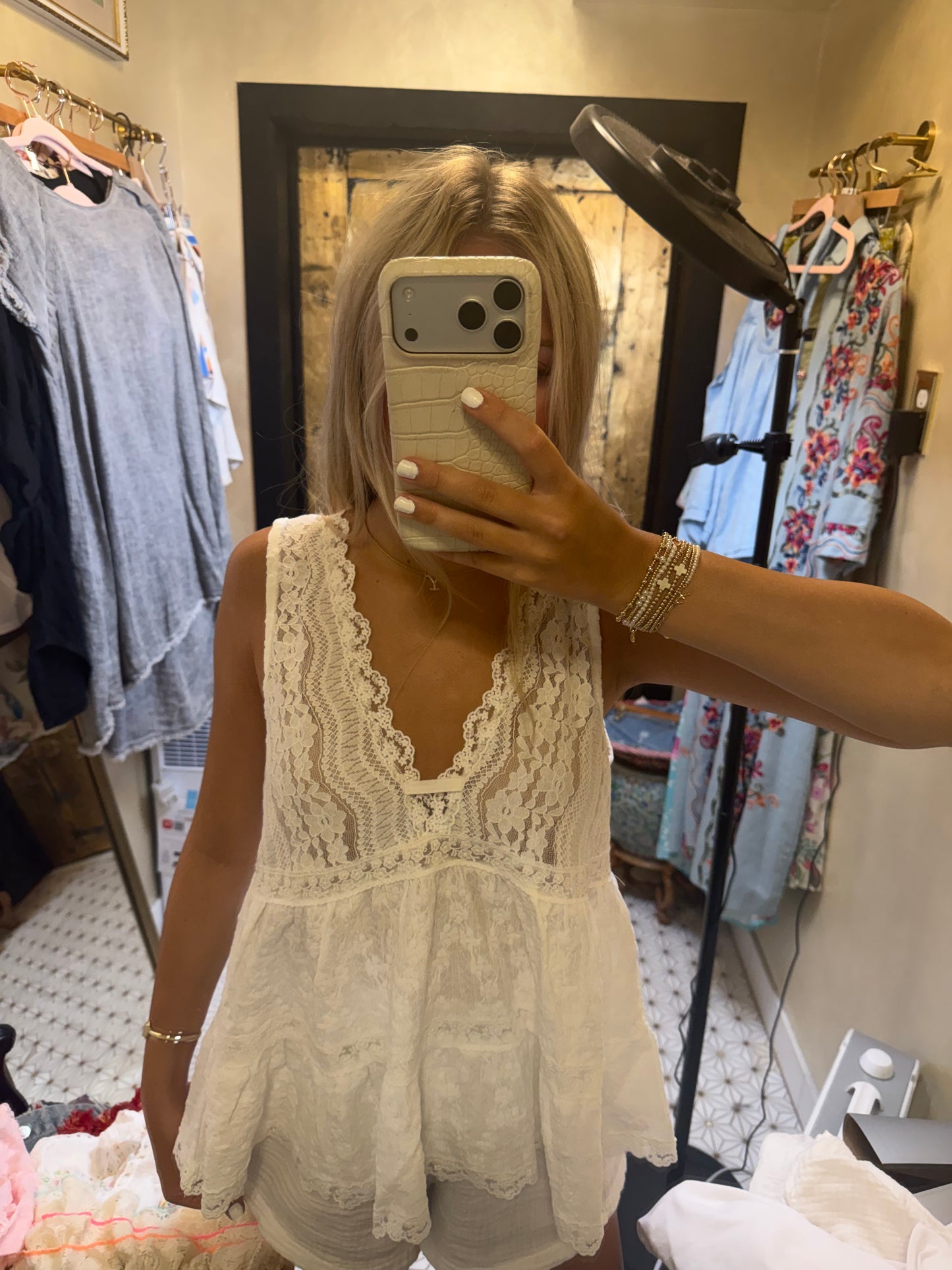 Sleeveless Deep V-neck Lace Trim Knit Top