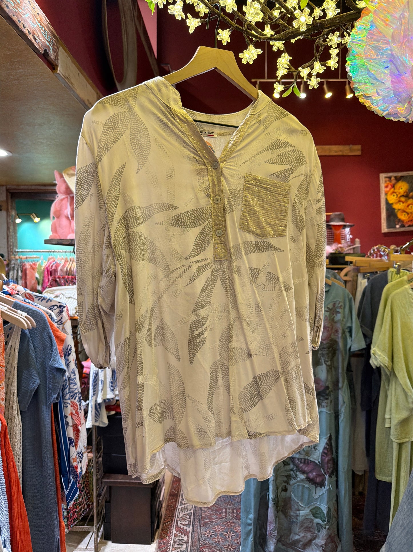 White and Beige Sequin Cap Collar Shirt