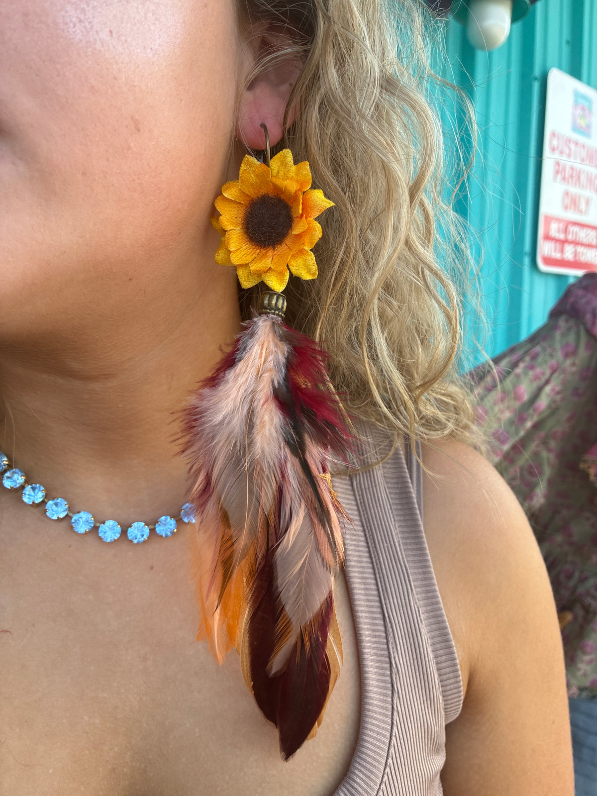 Sunflower feather earrings