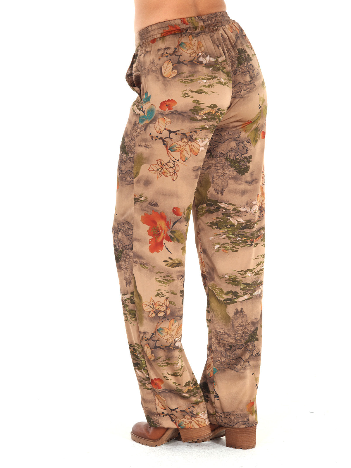 Satin Vintage Landscape Print Pants