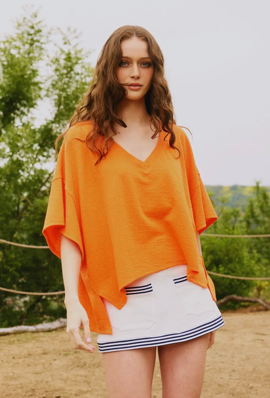 Orange oversized V-Neck Solid Knit Top