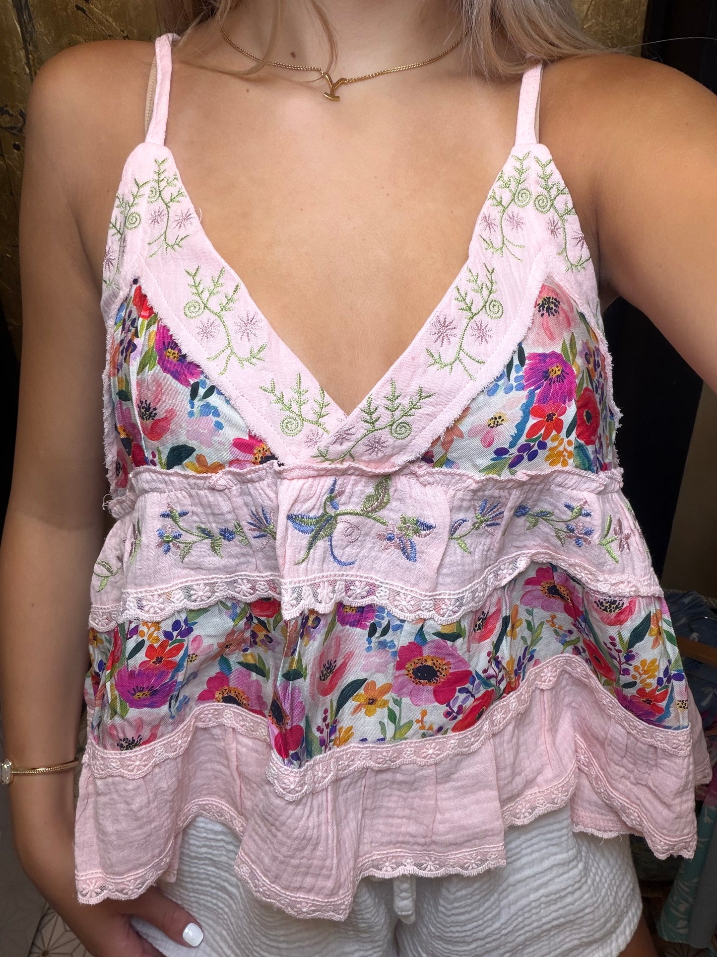 A-body Flared Fit Double Gauze Floral Embroidery Sleeveless
