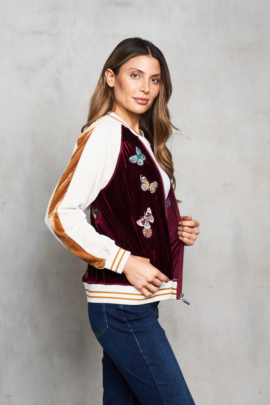 Embroidered Butterfly Bomber Baseball Velvet Jacket