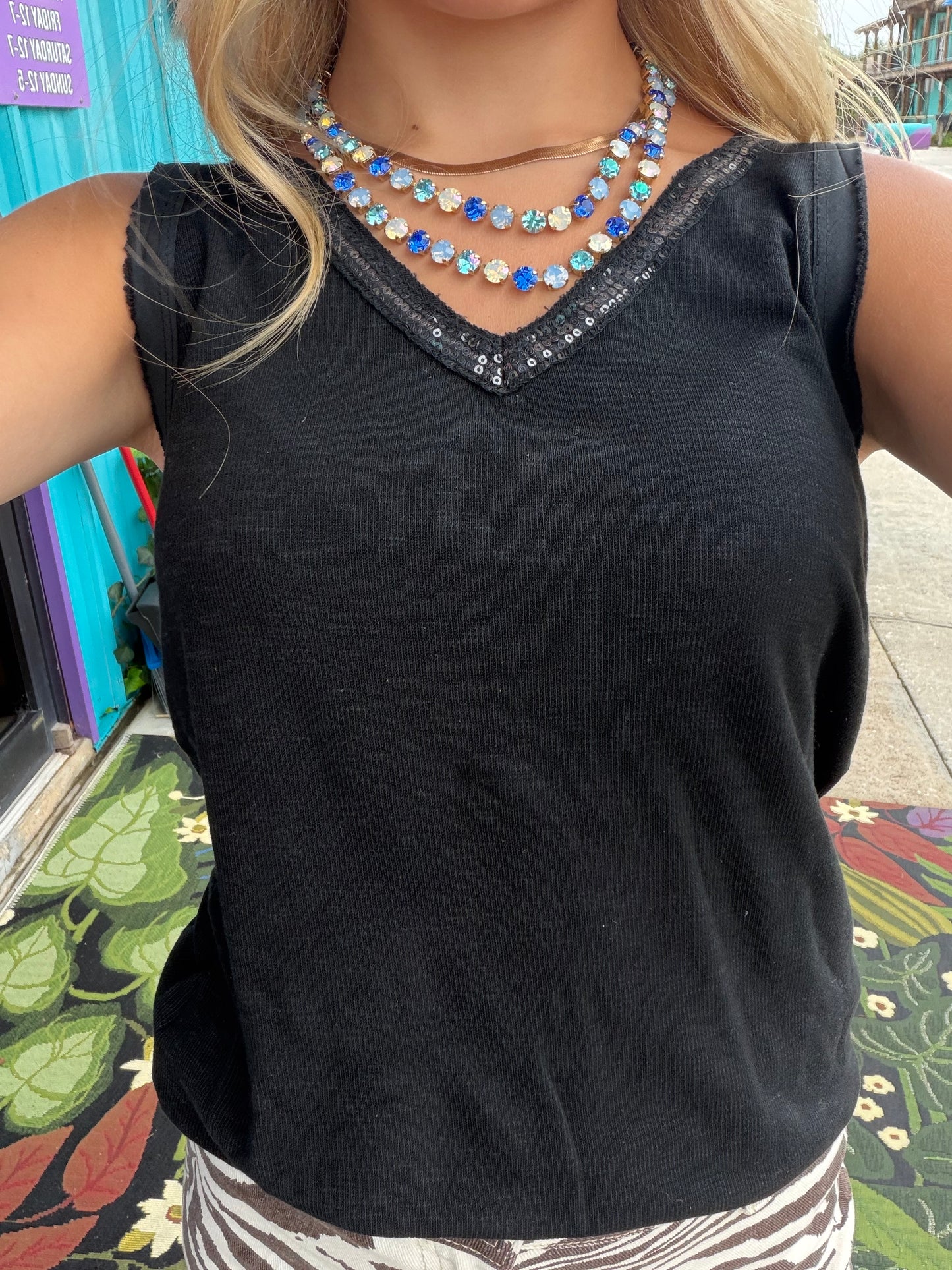 Black Sequin V-Neck Tank Top