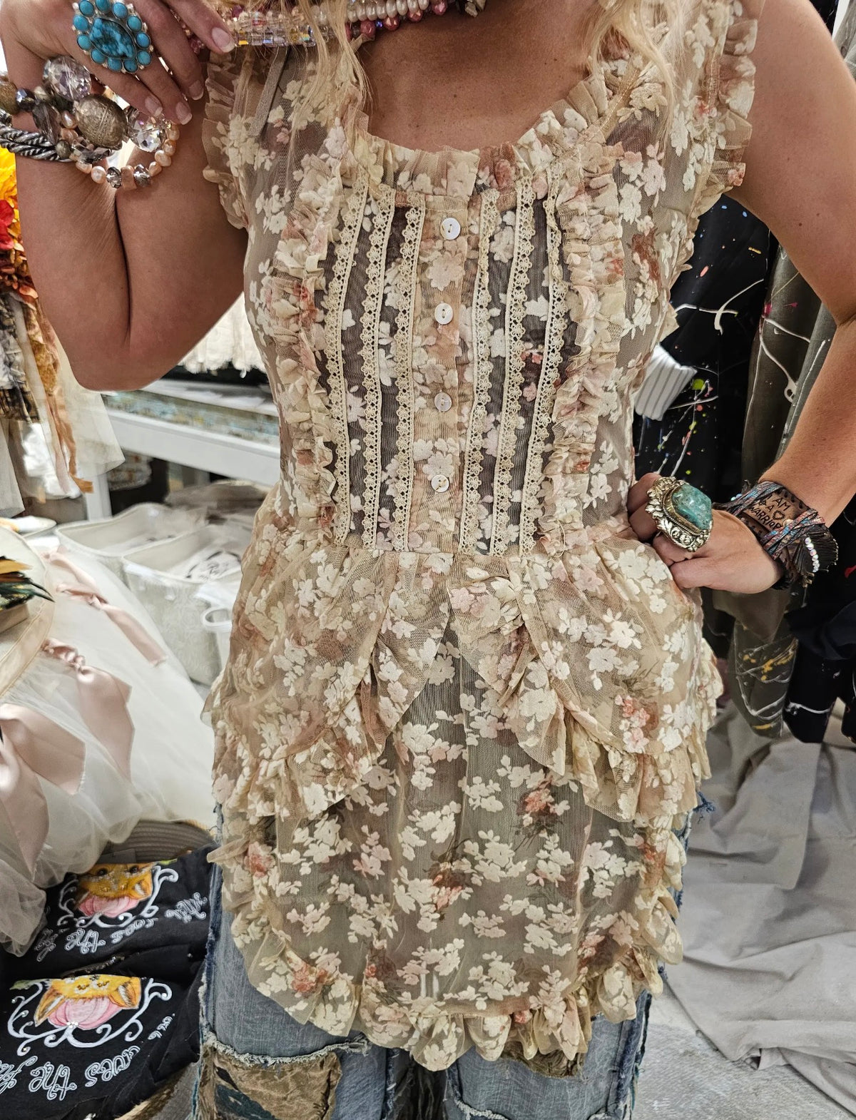 Tan Sheer Floral Top