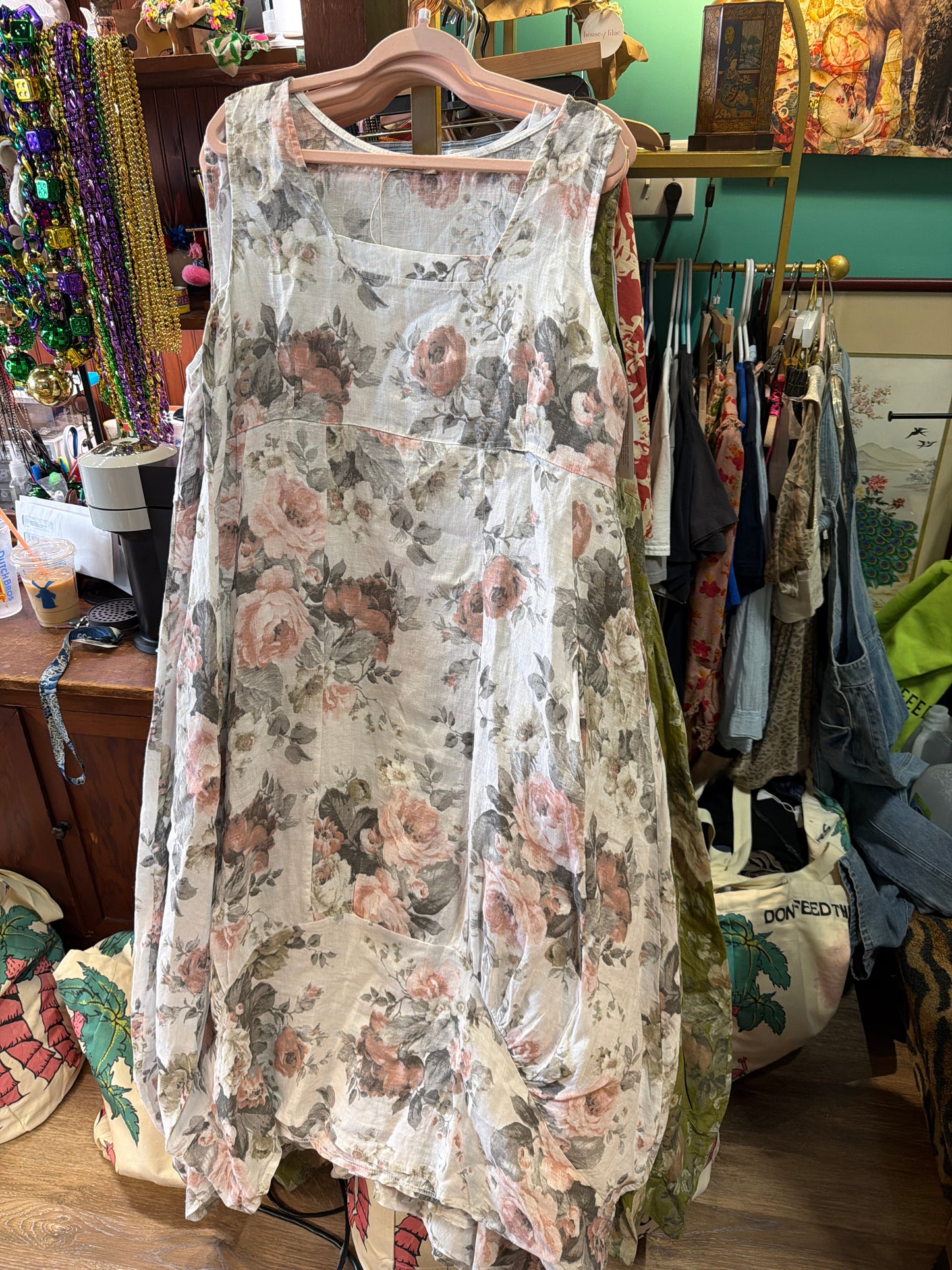 Blush and White Floral Linen Maxi Dress