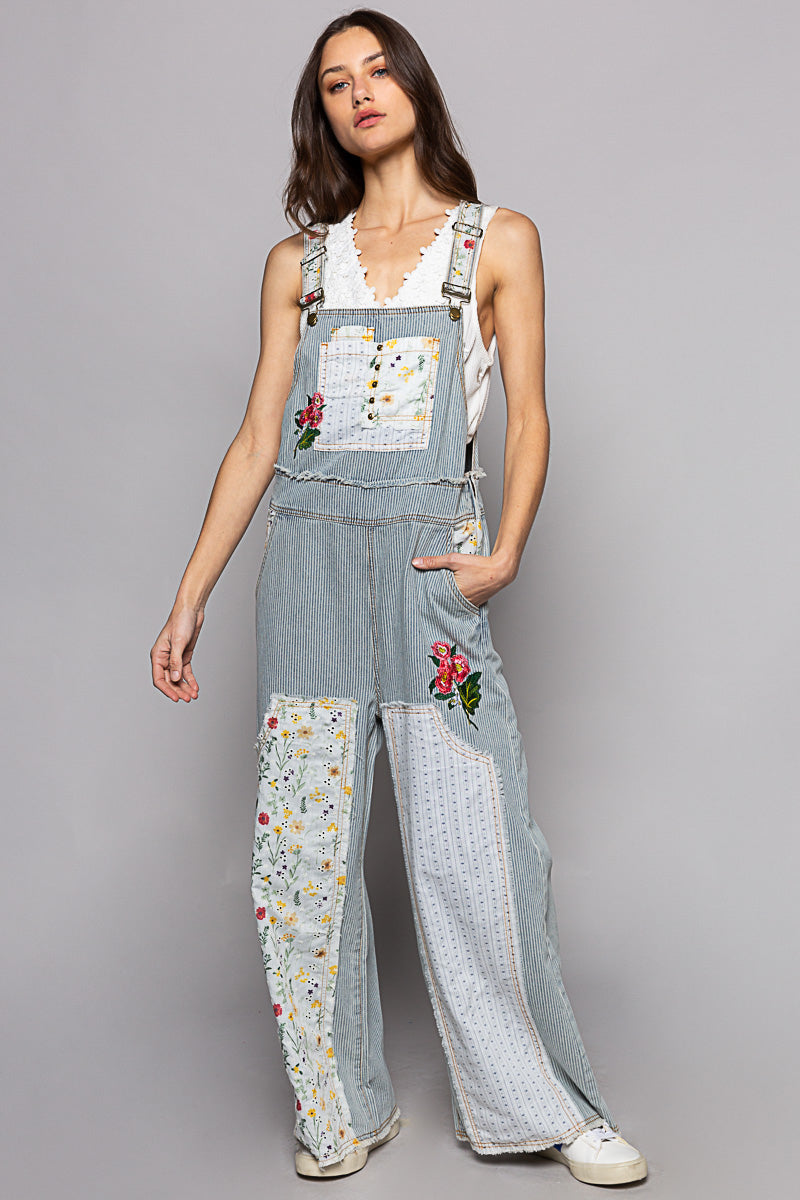 Patchwork Denim Striped Overalls