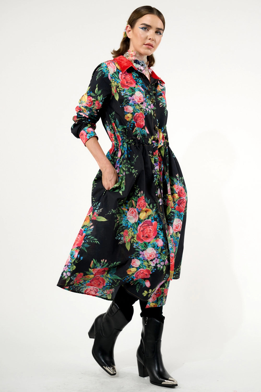 Black Floral Button Down Dress w Velvet Collar
