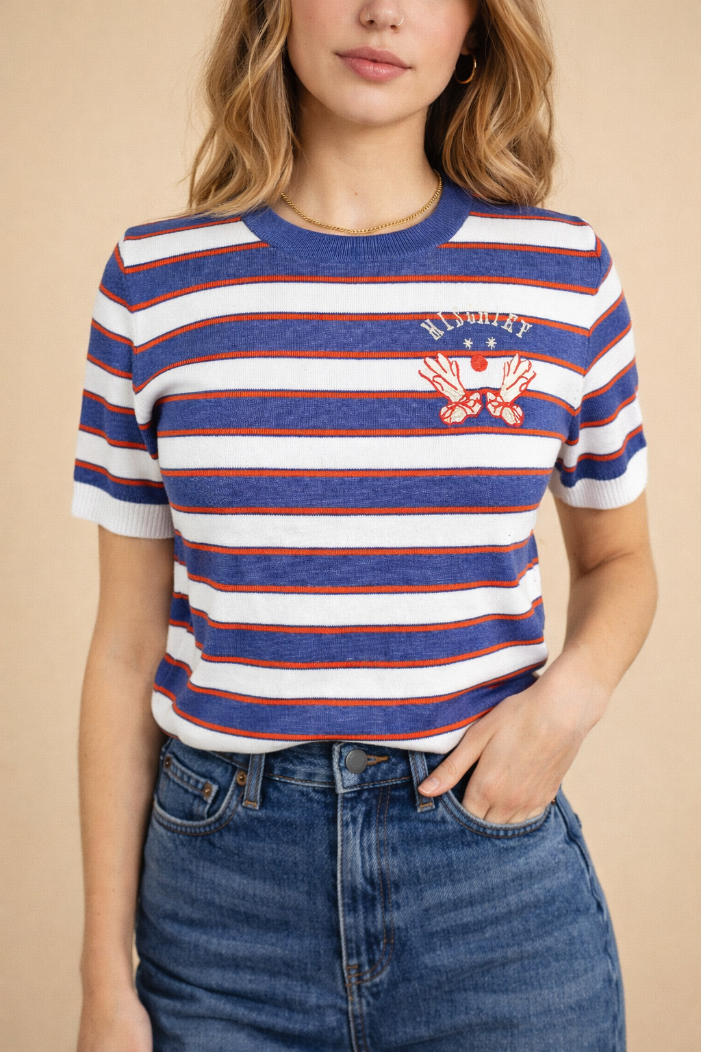 Mischief Maker Short Sleeve Relaxed Striped Sweater in Blue/Orange