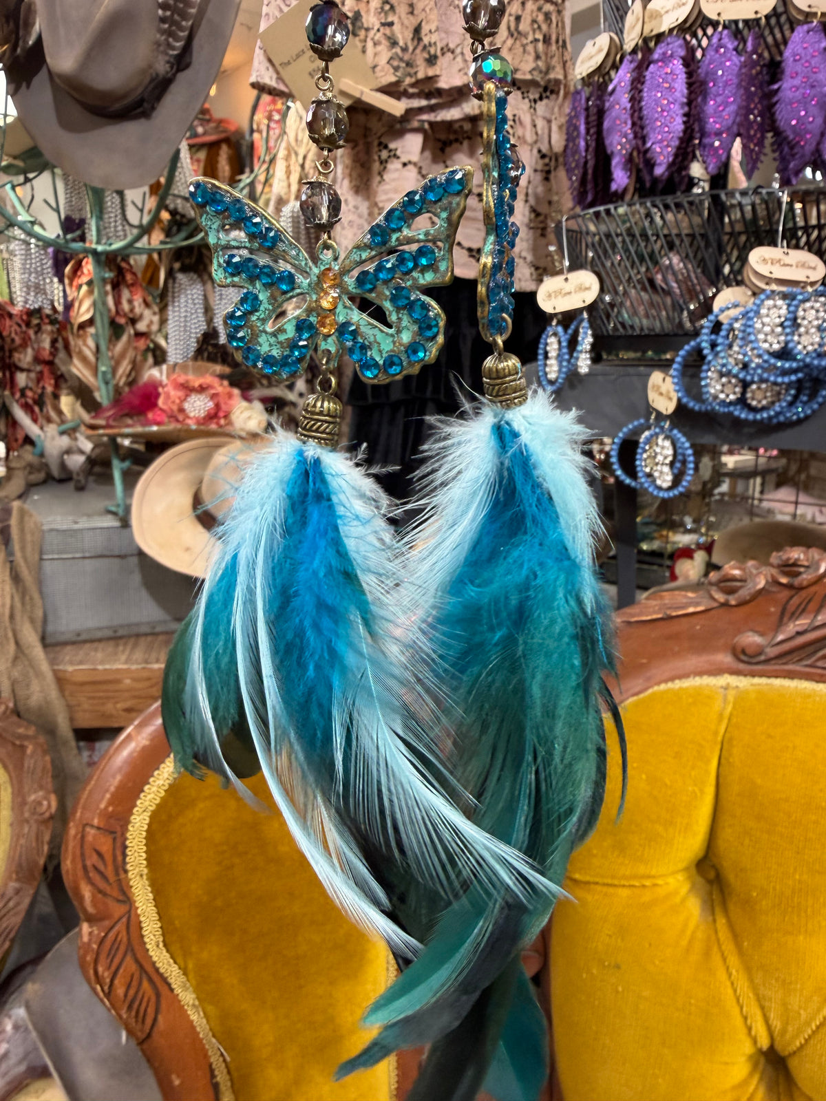 Blue Crystal Butterfly Feather Earrings