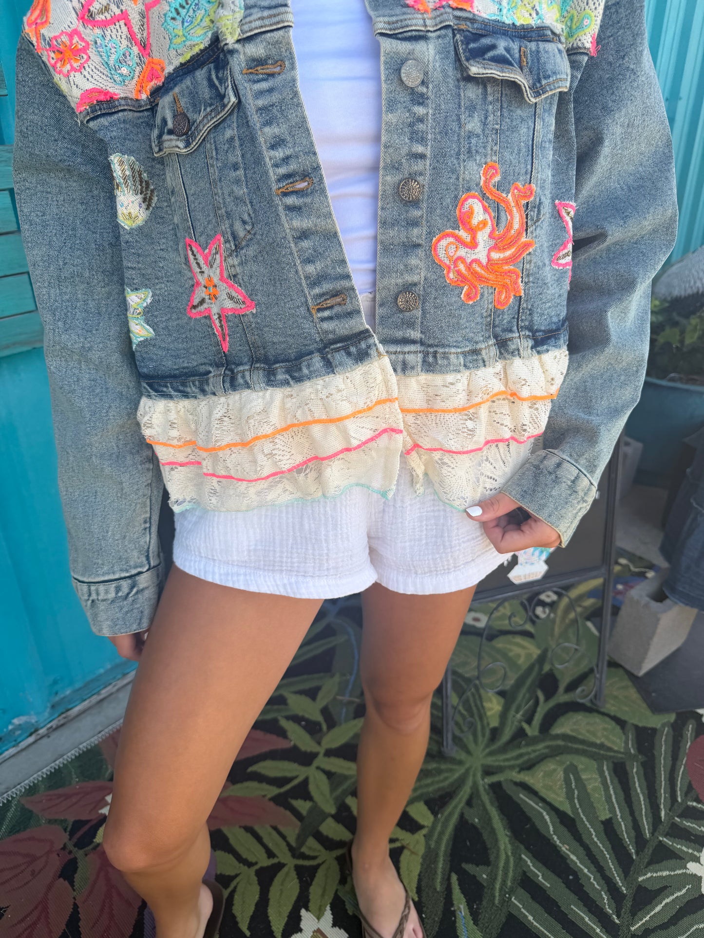 Statement Floral Embroidered Cropped Lace Trim Denim Jacket