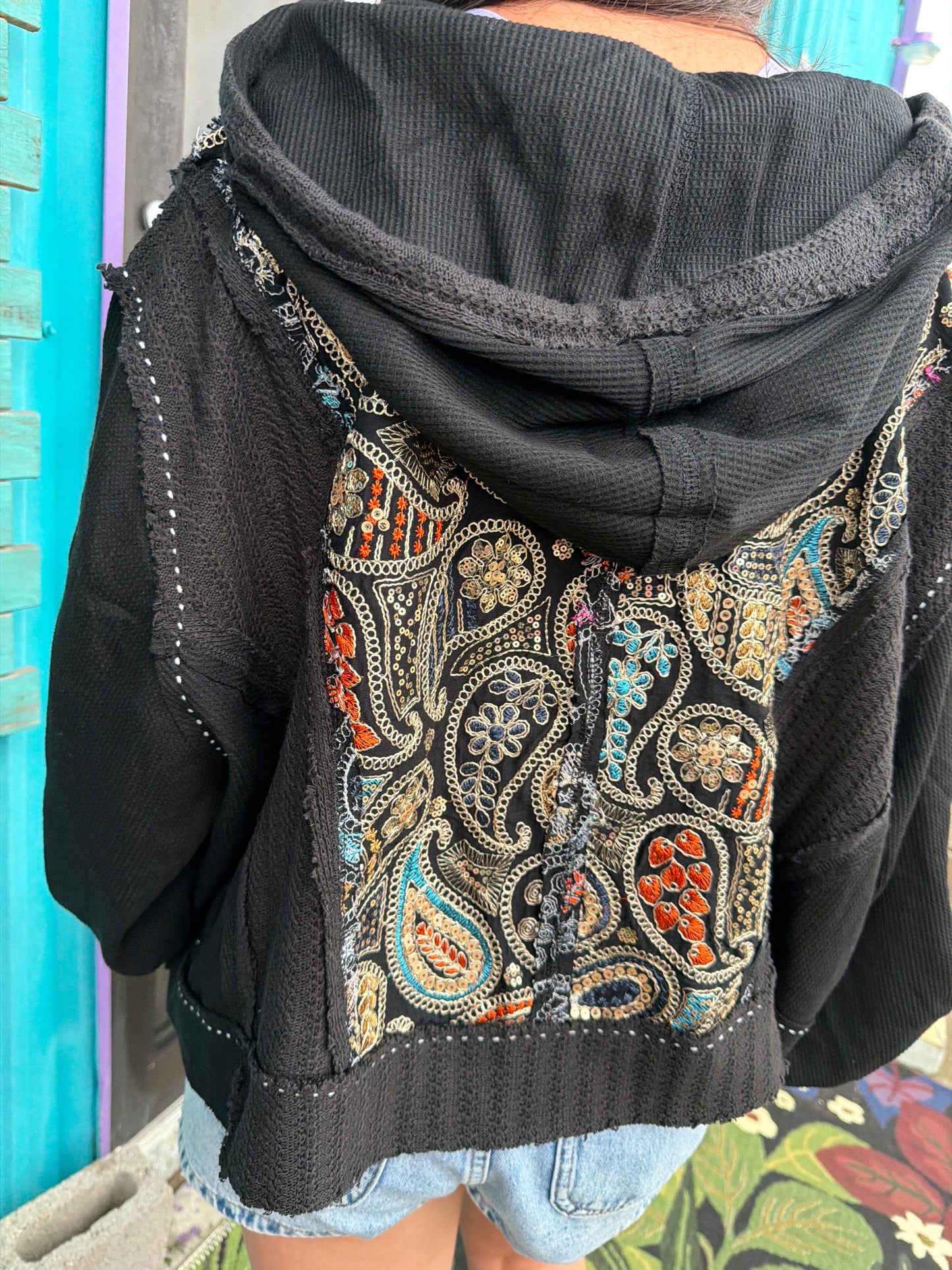 Black Paisley Hooded Sequined Jacket