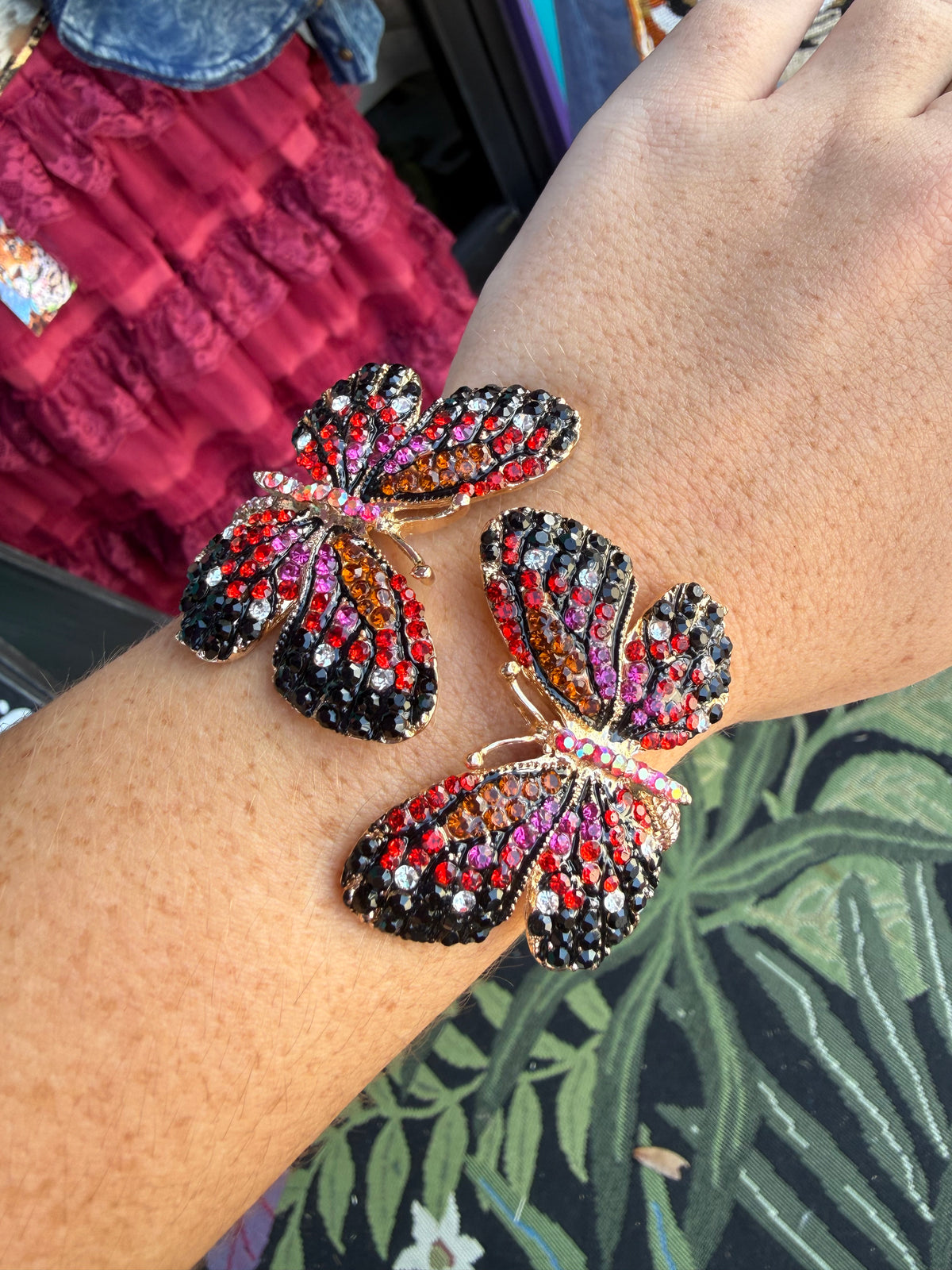 Rhinestone Embellished Double Butterfly Hinged Bangle Bracelet
