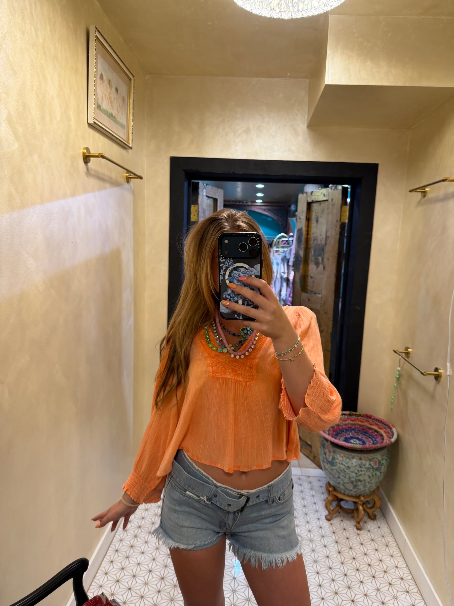 V Neck Long Sleeve Embroidered Textured Woven Blouse Top