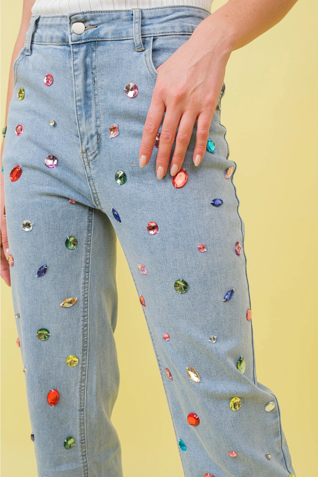 Light Wash Mid Rise Rhinestone Jeans