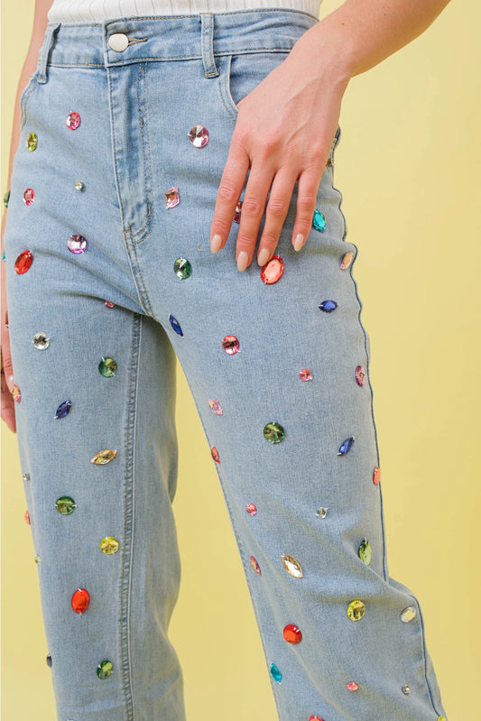 Light Wash Mid Rise Rhinestone Jeans