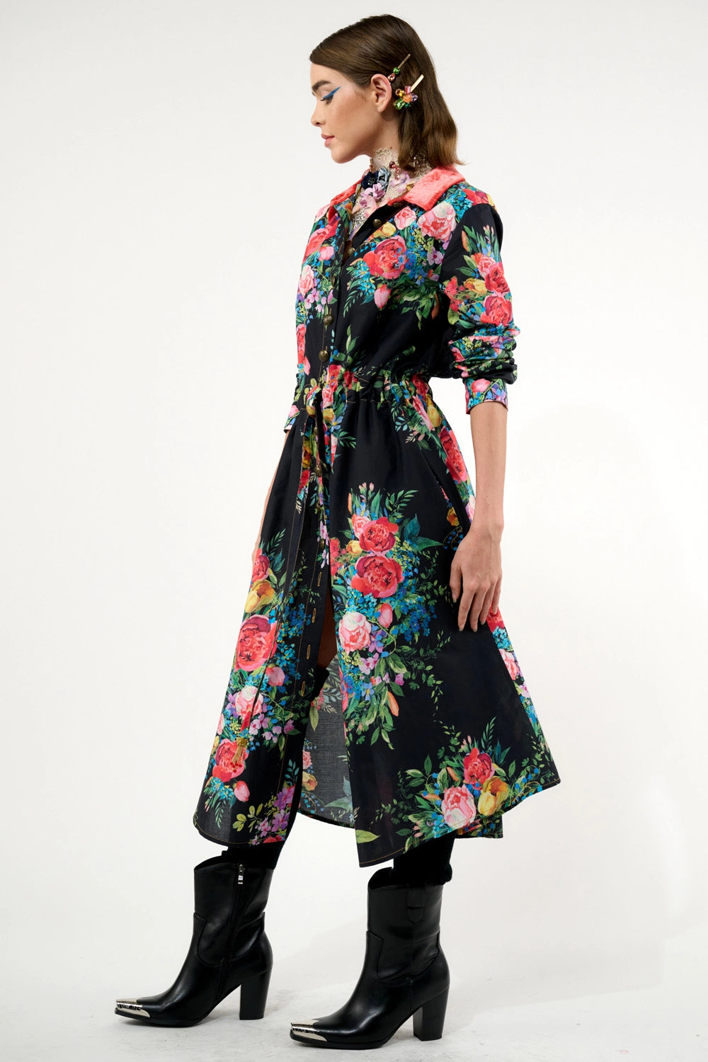 Black Floral Button Down Dress w Velvet Collar