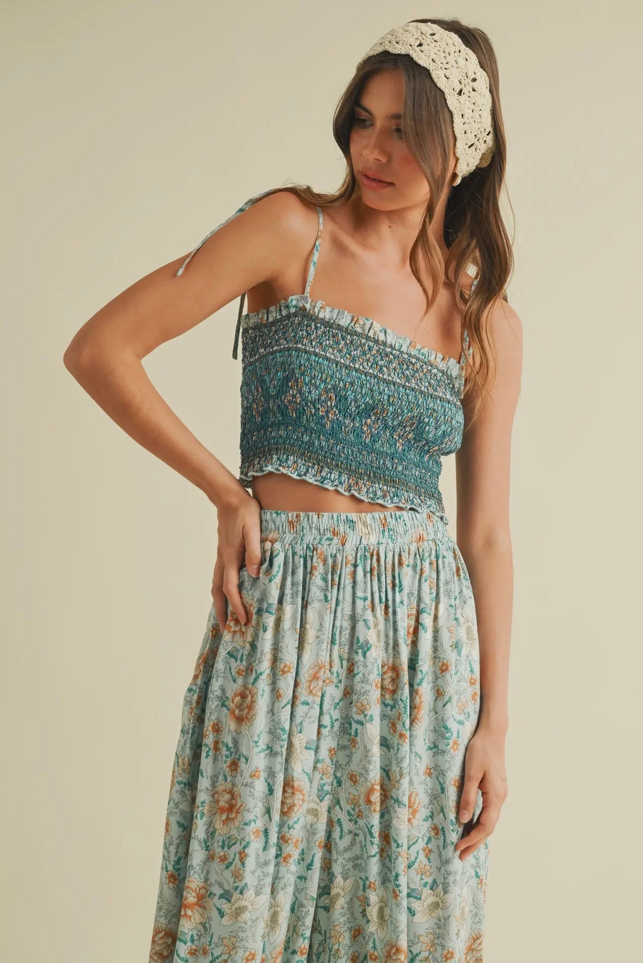 Turquoise and Orange Smocked Top and Floral Printed Pants