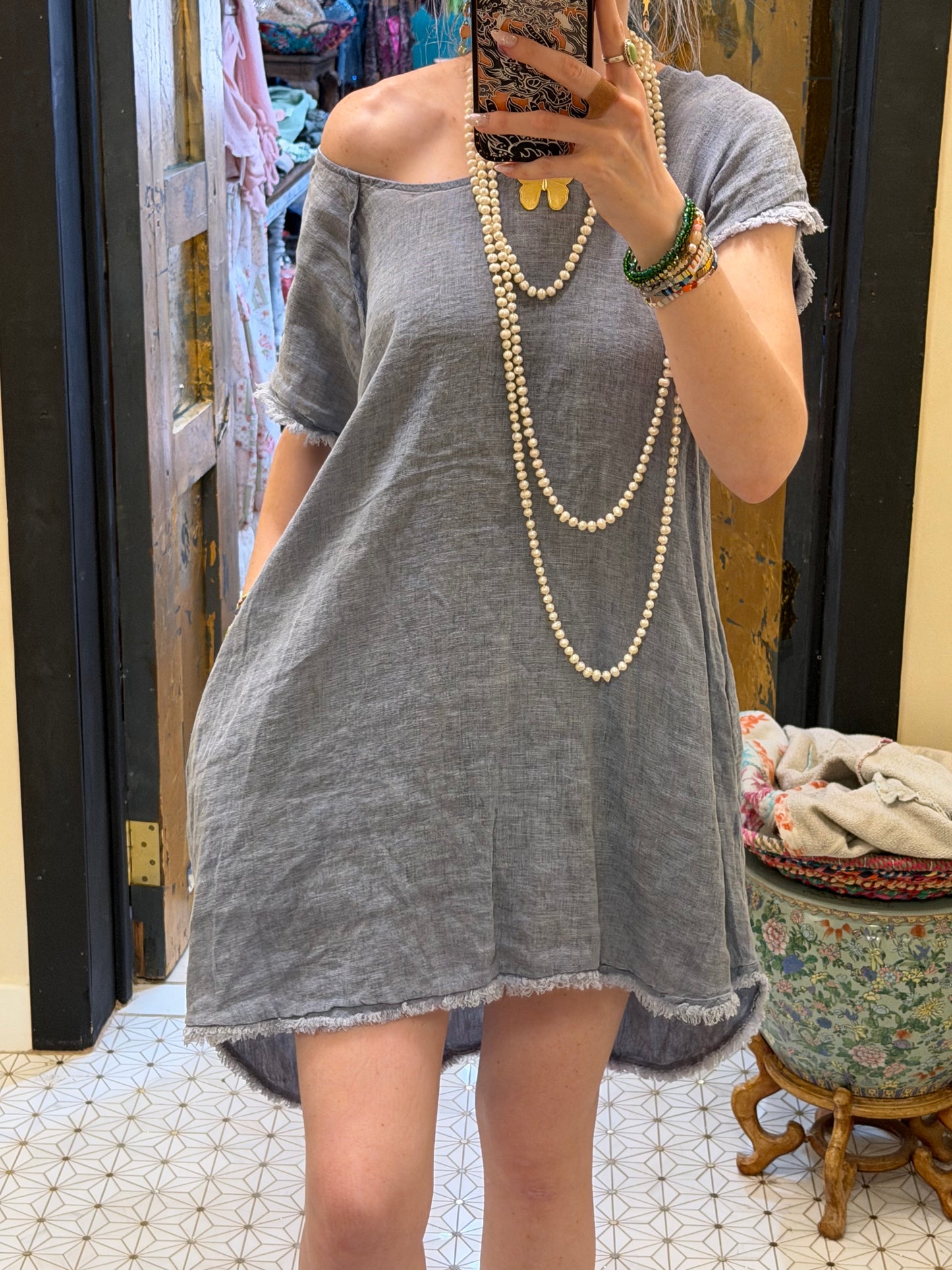 Slate Blue Linen Capped Sleeve Dress