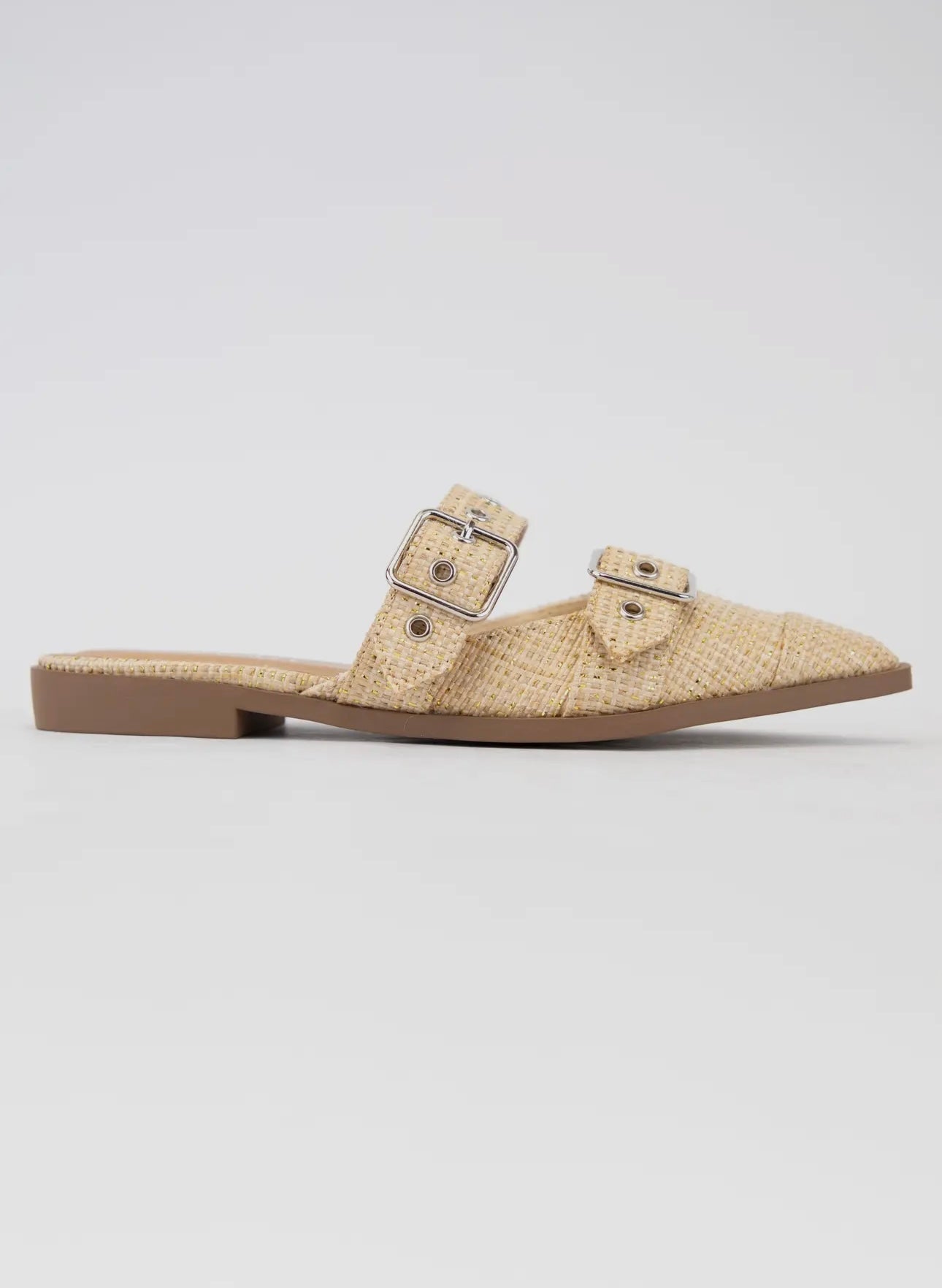 Tan Raffia Pointed Toe Slip on Flats