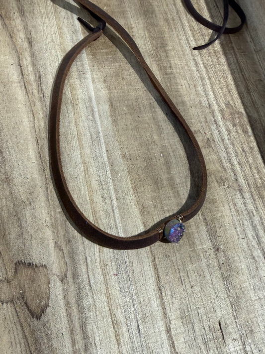 Leather With Blue Multi Sparkle Necklace