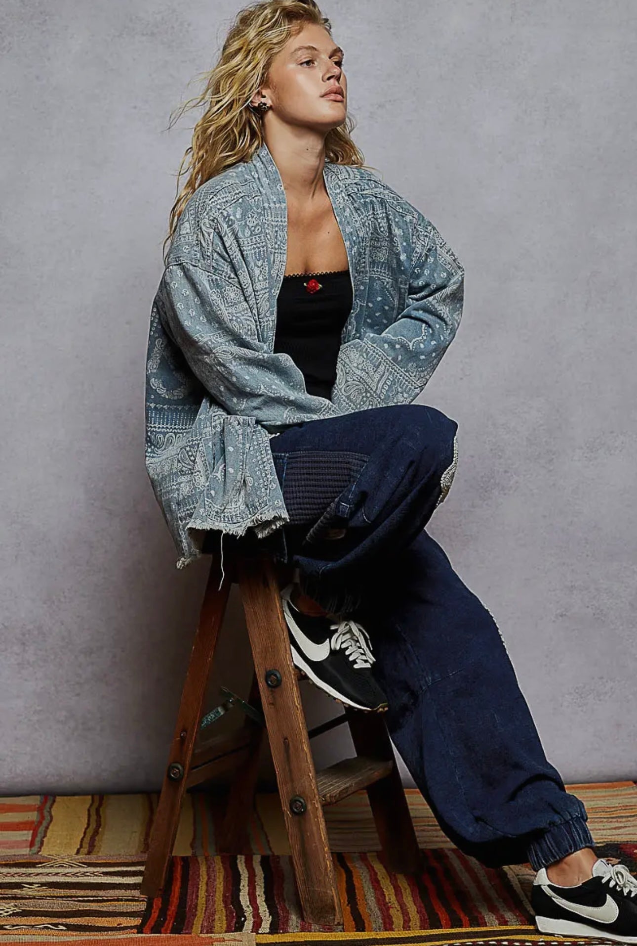 Long Sleeve Denim Bandana Print Short Kimono