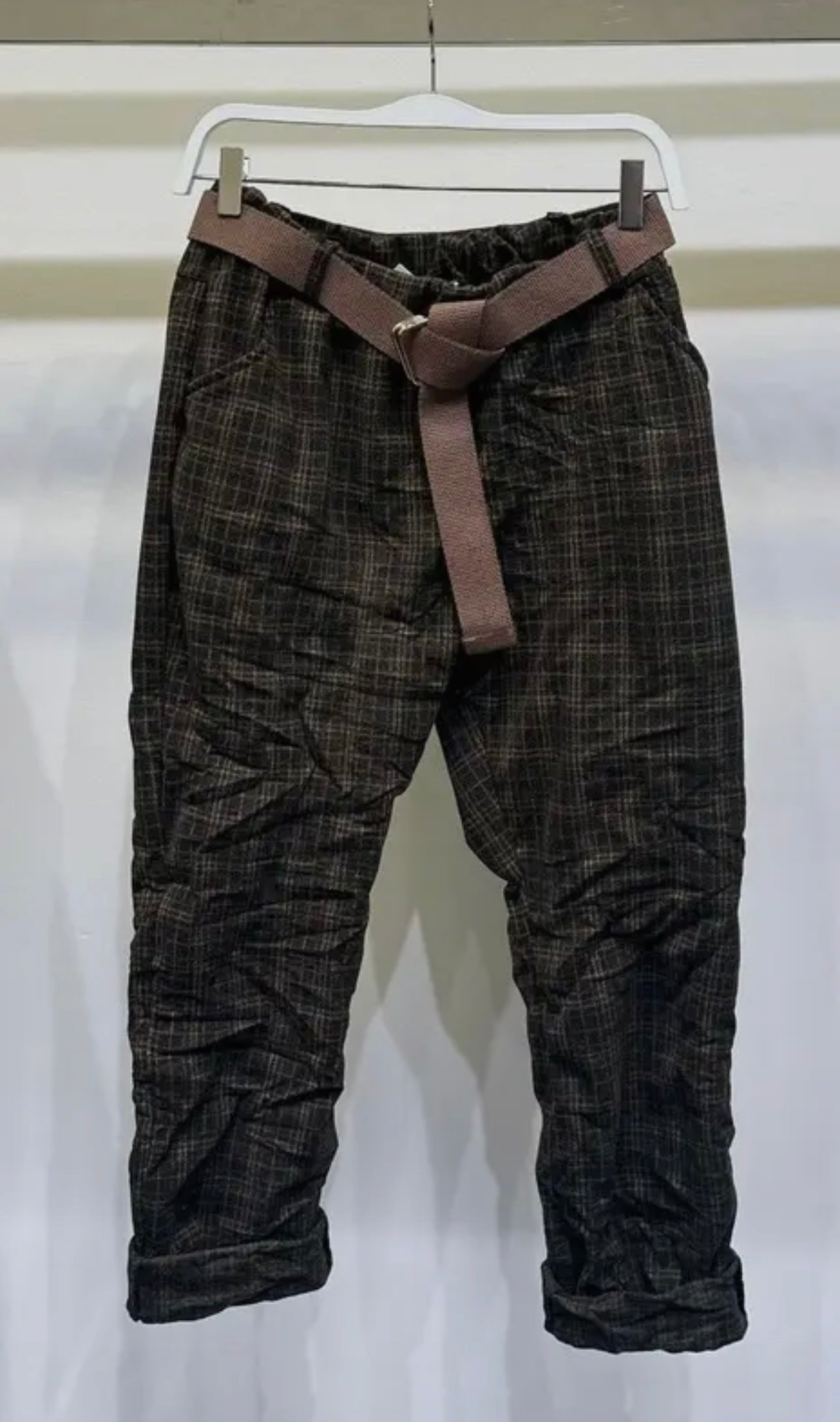 Brown Plaid Crinkle Pants with Belt