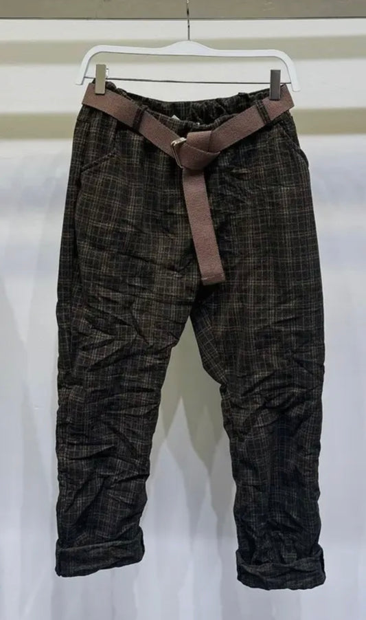 Brown Plaid Crinkle Pants with Belt