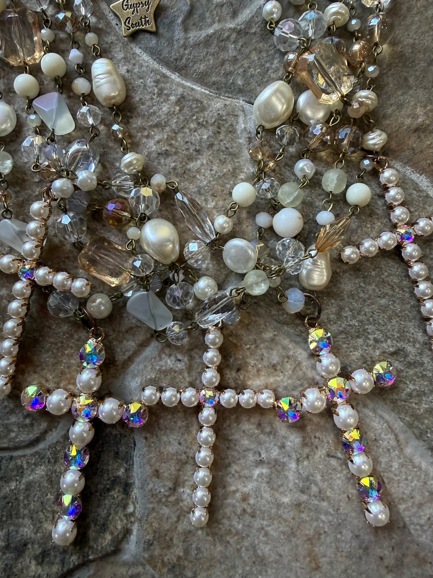 Crystal And Peal Cross Necklace