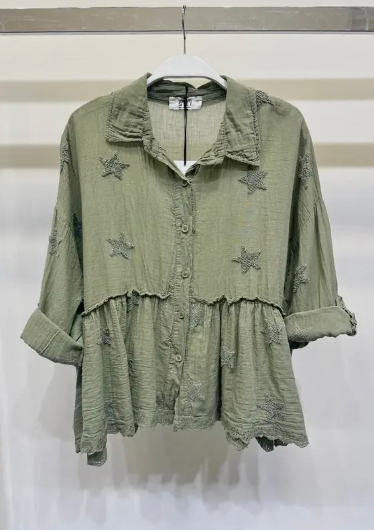 Army Green Star Terry Print Babydoll Top
