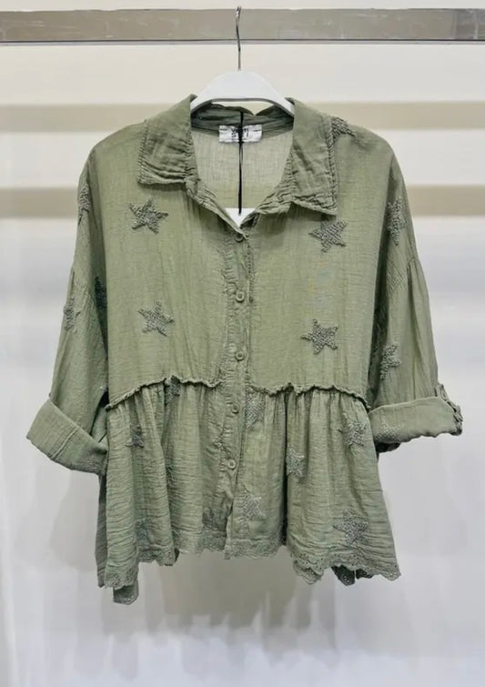 Army Green Star Terry Print Babydoll Top
